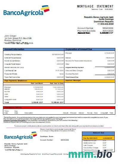 Dominikana Banco Agricola wyciąg z kredytu hipotecznego szablon Word i PDF